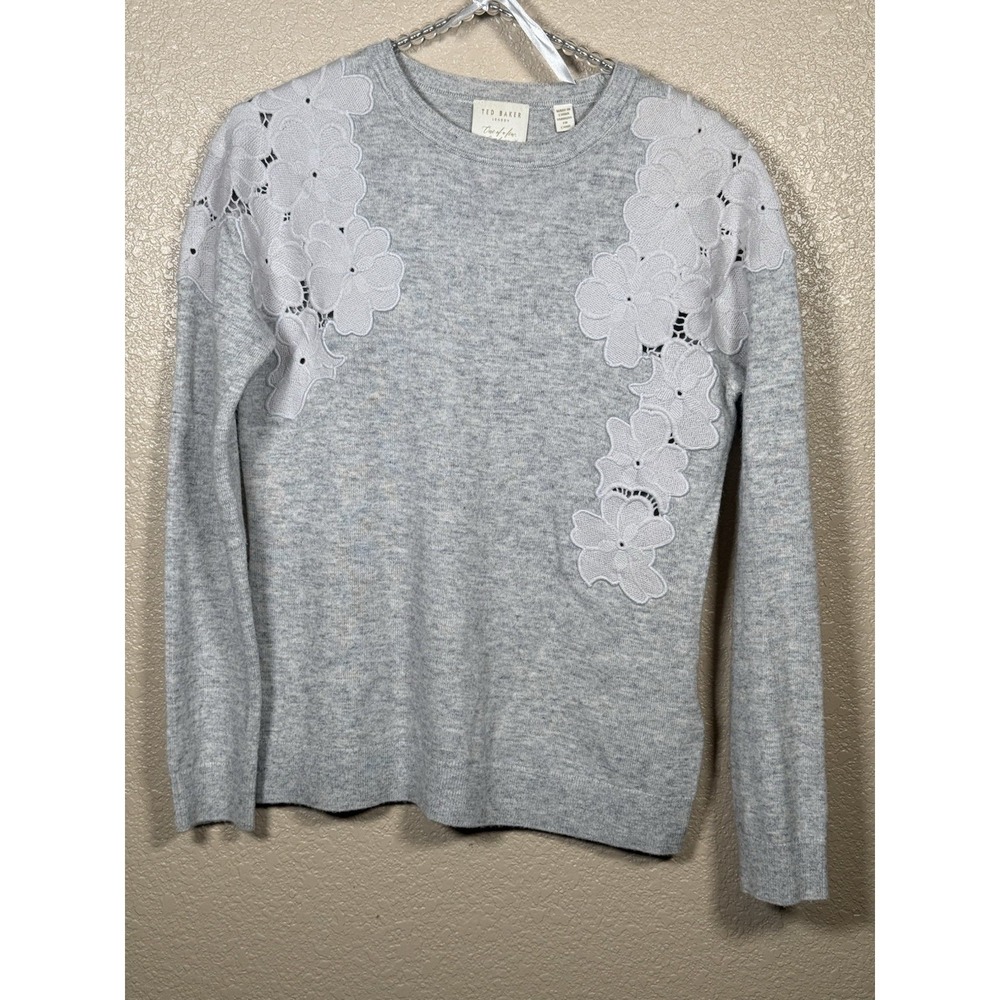TED BAKER One Of A Few Floral Embroidered Appliqué Sweater Grey SZ 1